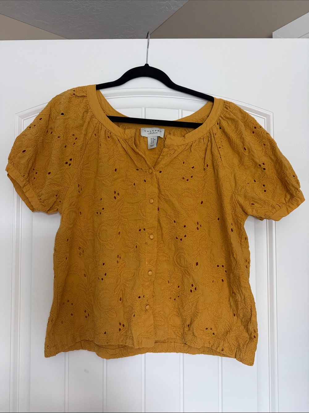 Calypso St Barth Mustard Yellow Cotton Eyelet Puff Sleeve Blouse Medium